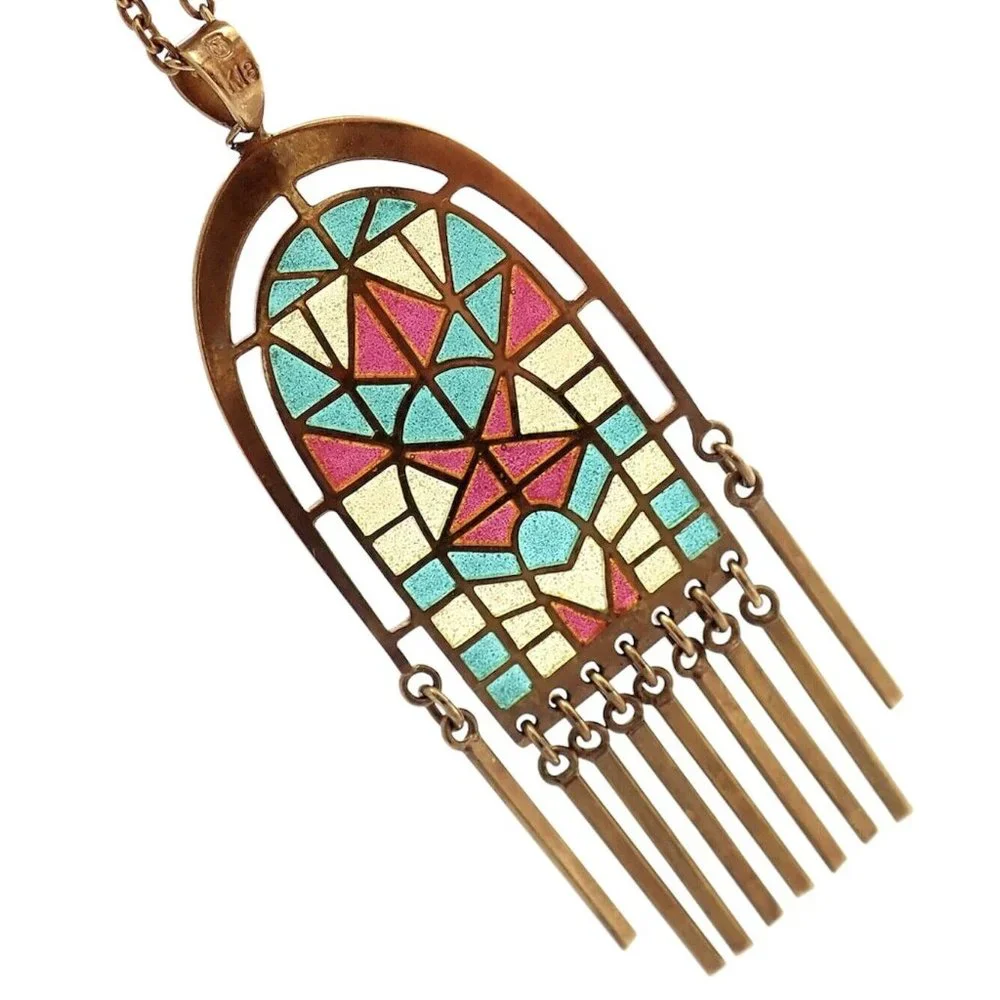Authentic! Mikimoto 18k Yellow Gold Stained Glass Window Pendant Necklace